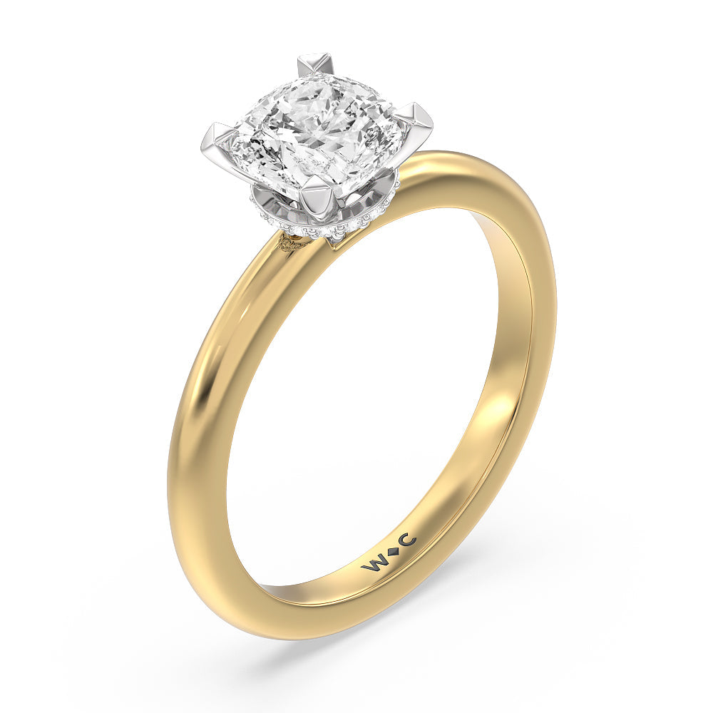 Modern Fine Line Hidden Halo Engagement Ring with Cushion Cut Diamond in 14KT White & Yellow Gold view 3
