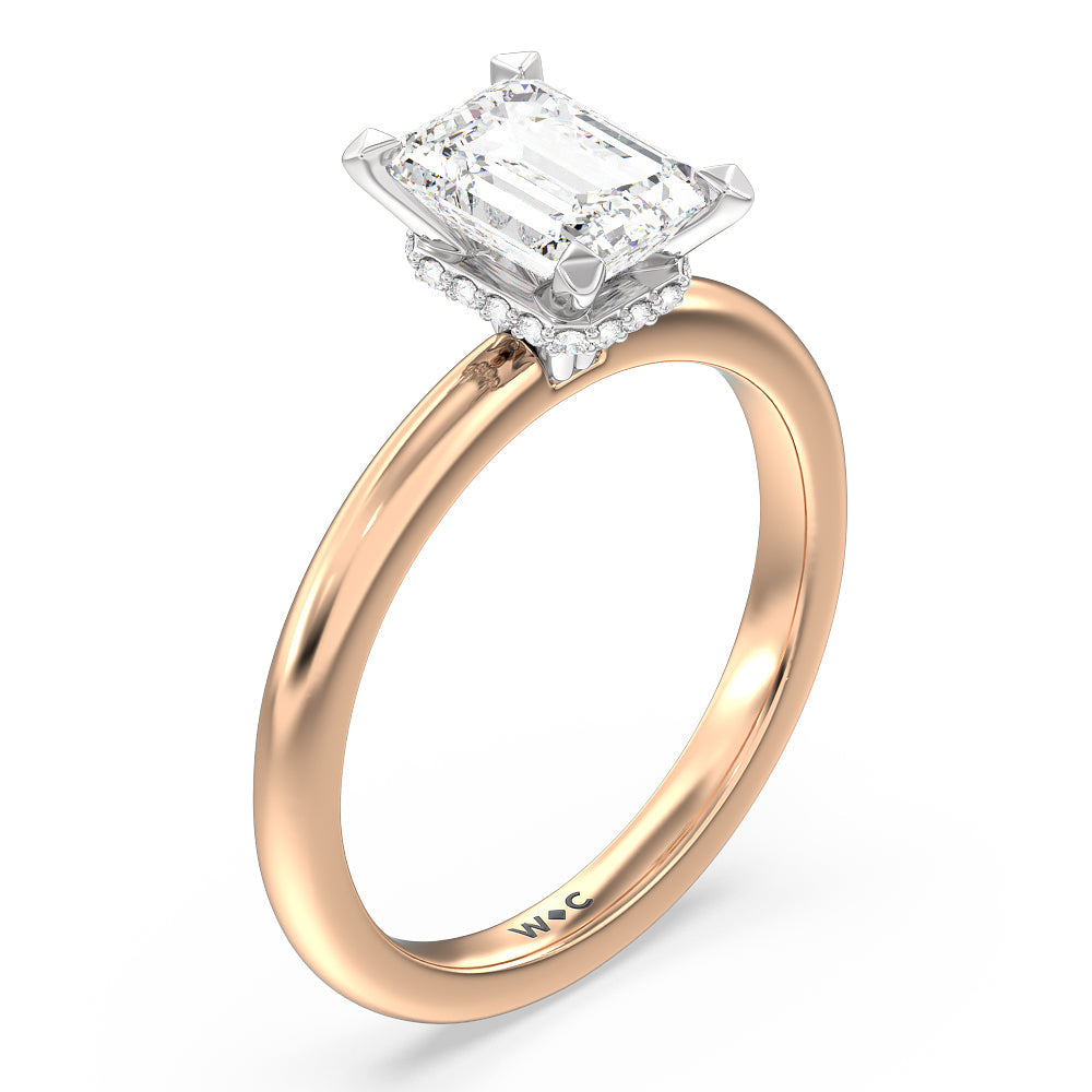 Modern Fine Line Hidden Halo Engagement Ring with Emerald Cut Diamond in 14KT White & Rose Gold view 3
