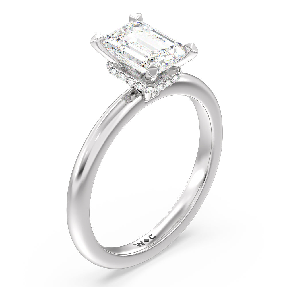 Modern Fine Line Hidden Halo Engagement Ring with Emerald Cut Diamond in 14KT Platinum view 3
