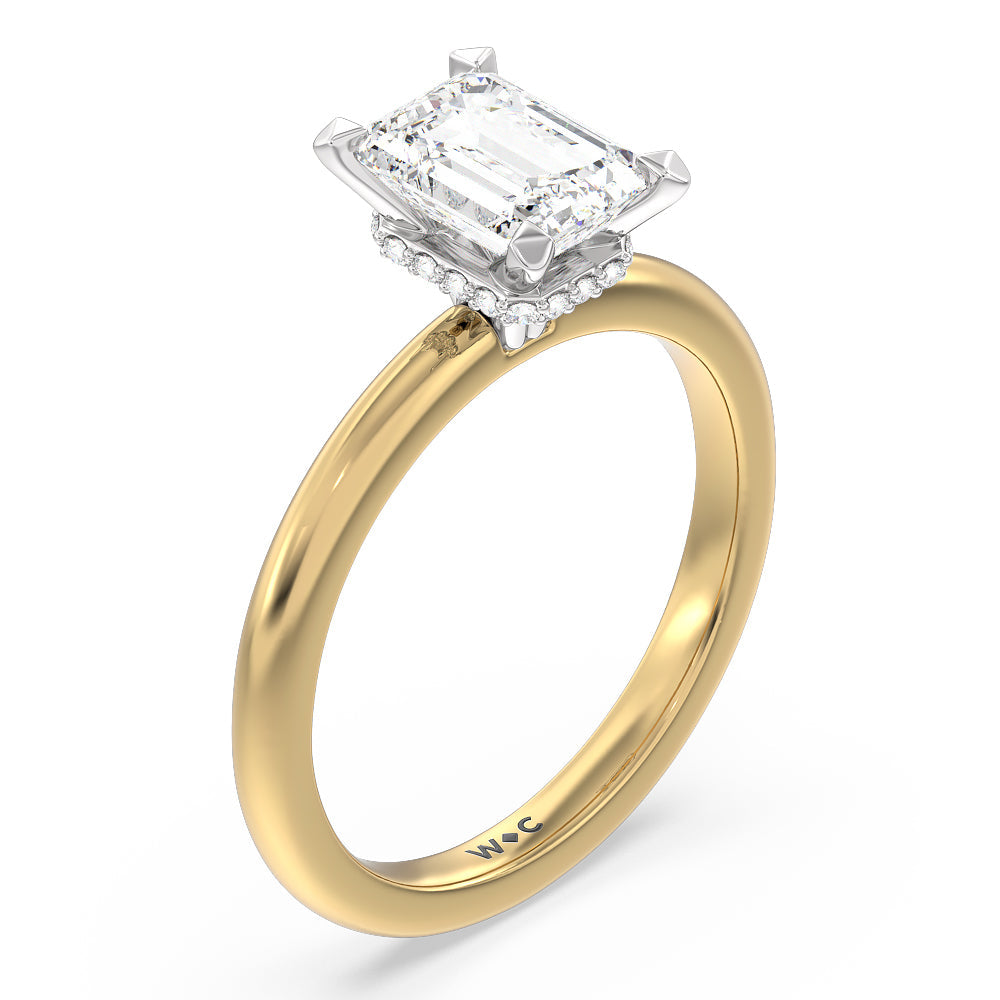 Modern Fine Line Hidden Halo Engagement Ring with Emerald Cut Diamond in 14KT White & Yellow Gold view 3
