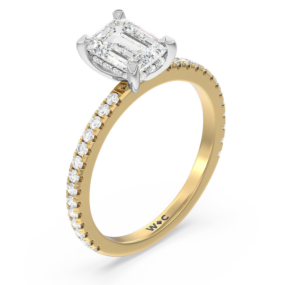 Classic Hidden Halo Engagement Ring with Emerald Cut Diamond in 14KT White & Yellow Gold view 3
