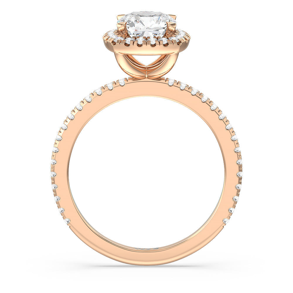 Pave Halo and Shank Engagement Ring with Cushion Cut Diamond in 14KT Rose Gold view 2
