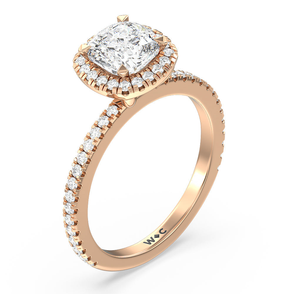 Pave Halo and Shank Engagement Ring with Cushion Cut Diamond in 14KT Rose Gold view 3

