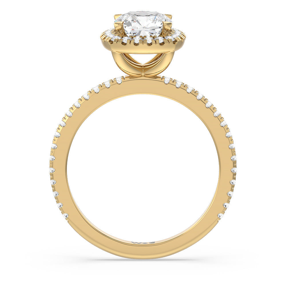 Pave Halo and Shank Engagement Ring with Cushion Cut Diamond in 14KT Yellow Gold view 2
