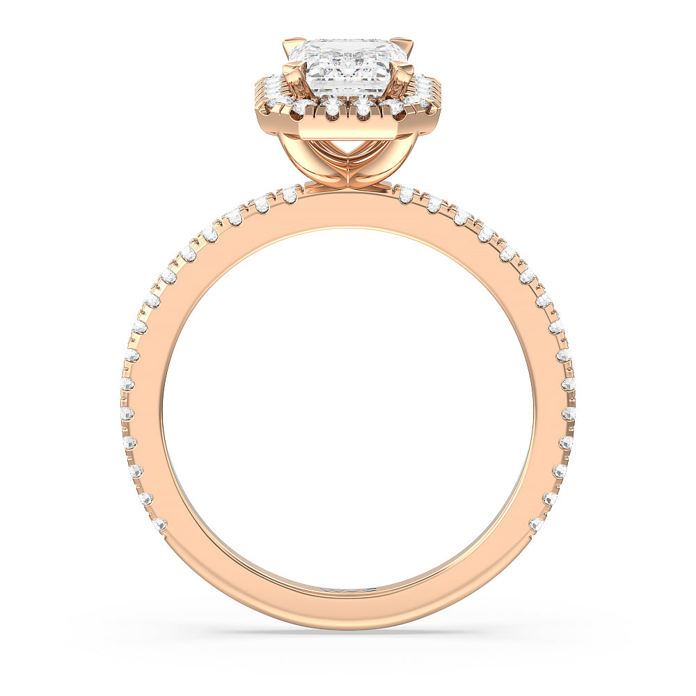 Pave Halo and Shank Engagement Ring with Emerald Cut Diamond in 14KT Rose Gold view 2
