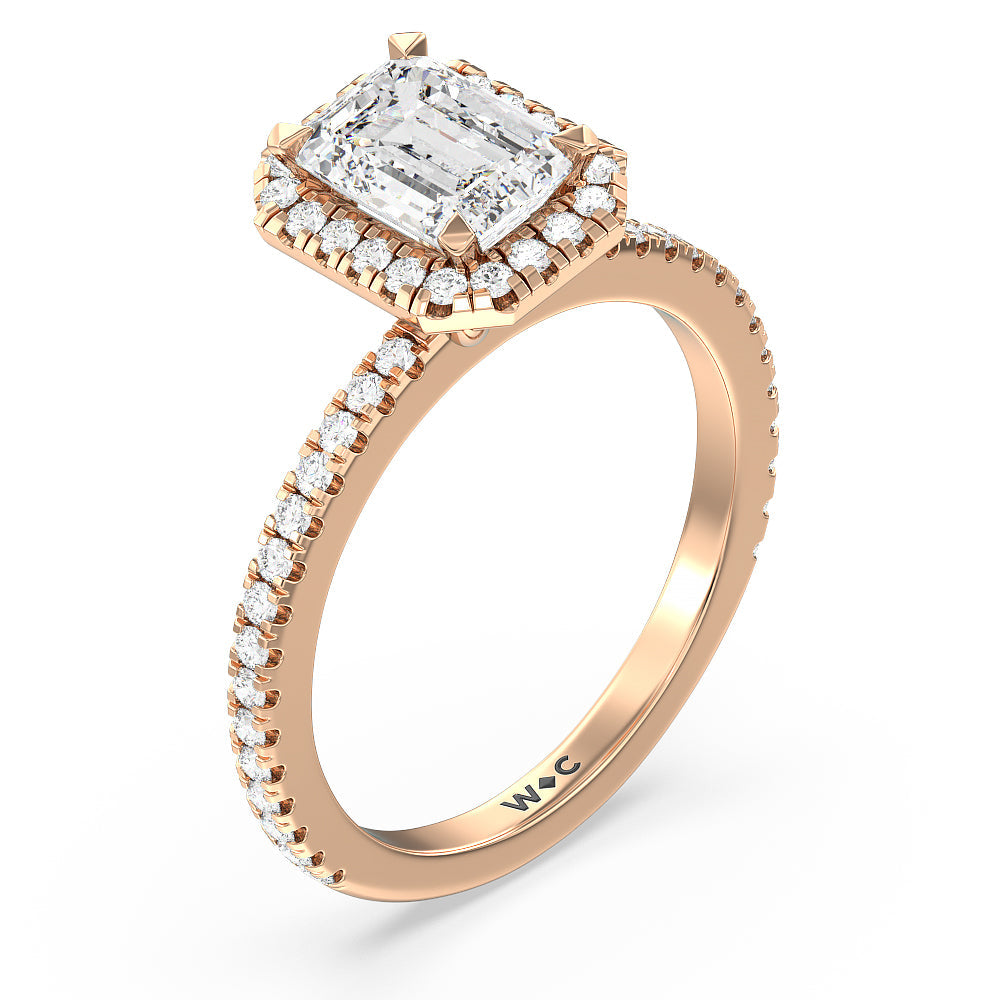 Pave Halo and Shank Engagement Ring with Emerald Cut Diamond in 14KT Rose Gold view 3
