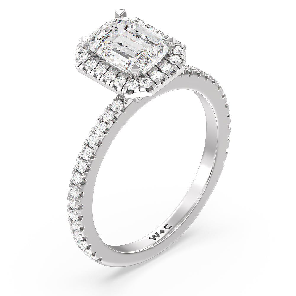 Pave Halo and Shank Engagement Ring with Emerald Cut Diamond in 14KT Platinum view 3
