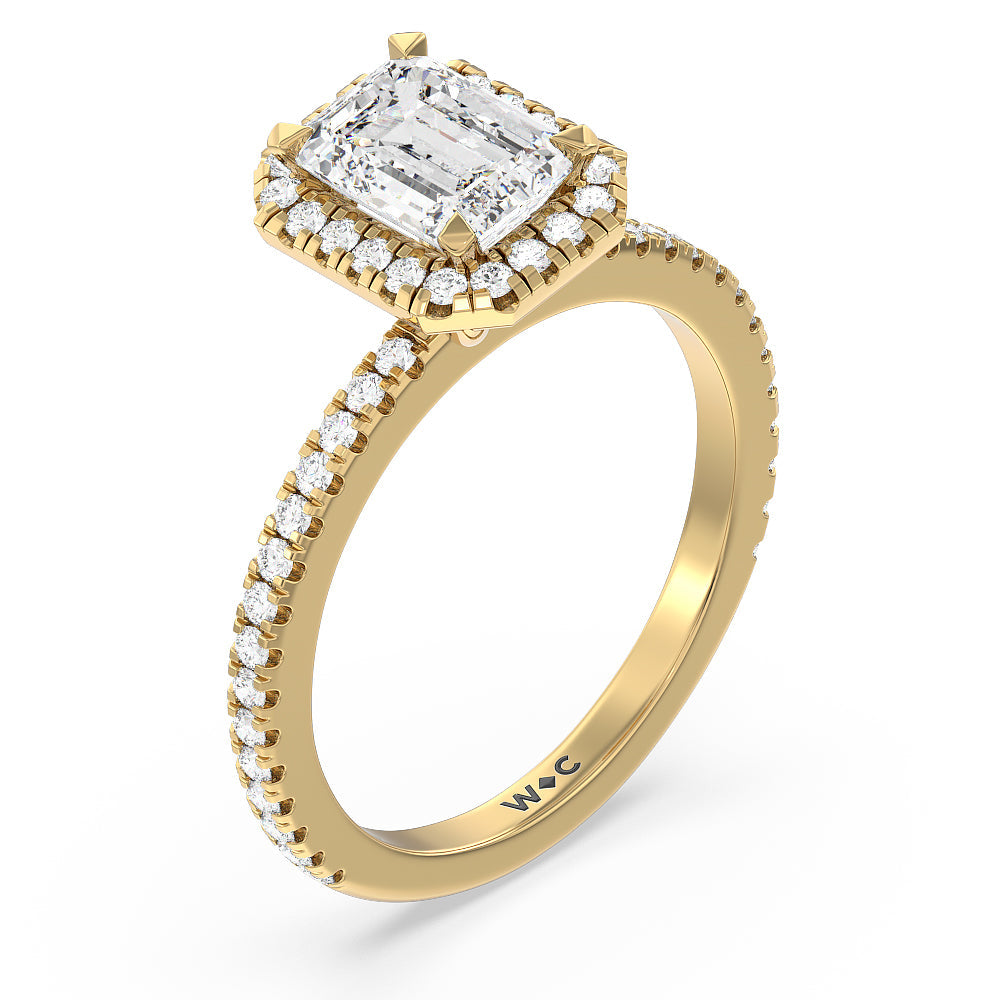 Pave Halo and Shank Engagement Ring with Emerald Cut Diamond in 14KT Yellow Gold view 3
