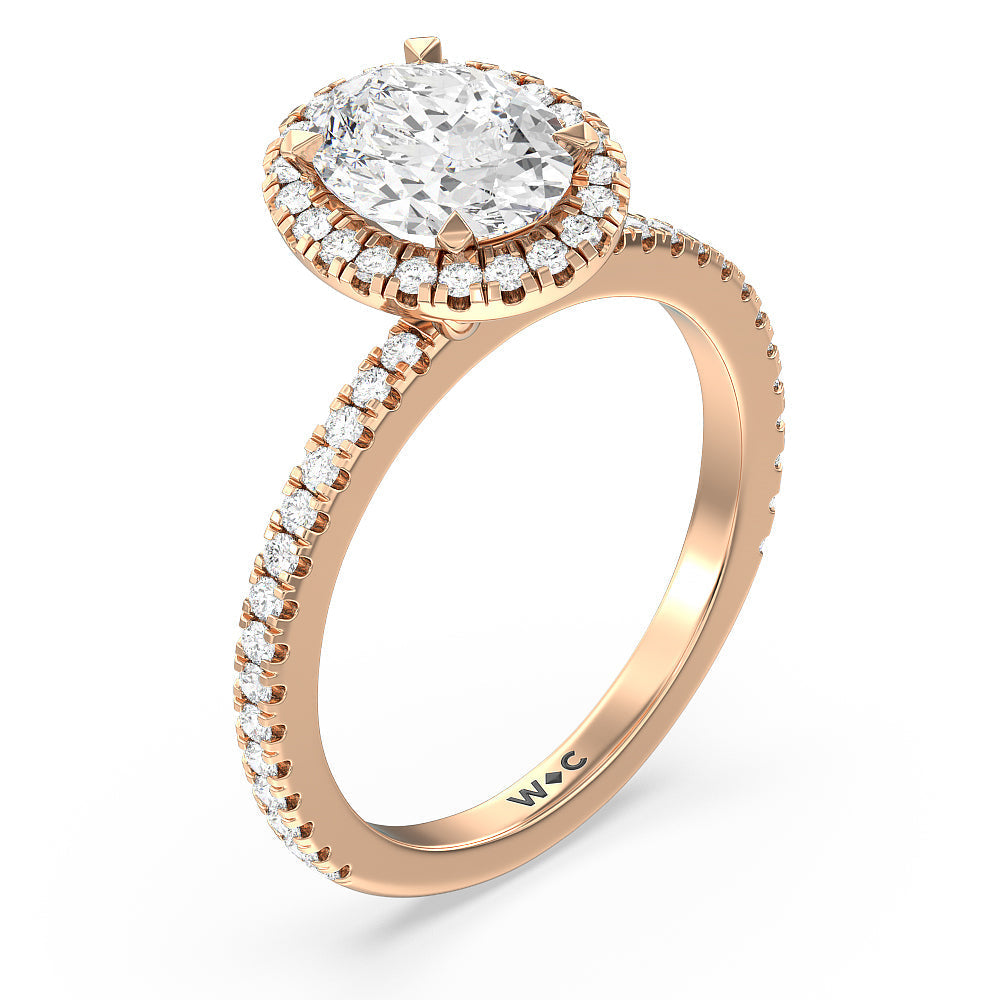 Pave Halo and Shank Engagement Ring with Oval Cut Diamond in 14KT Rose Gold view 3
