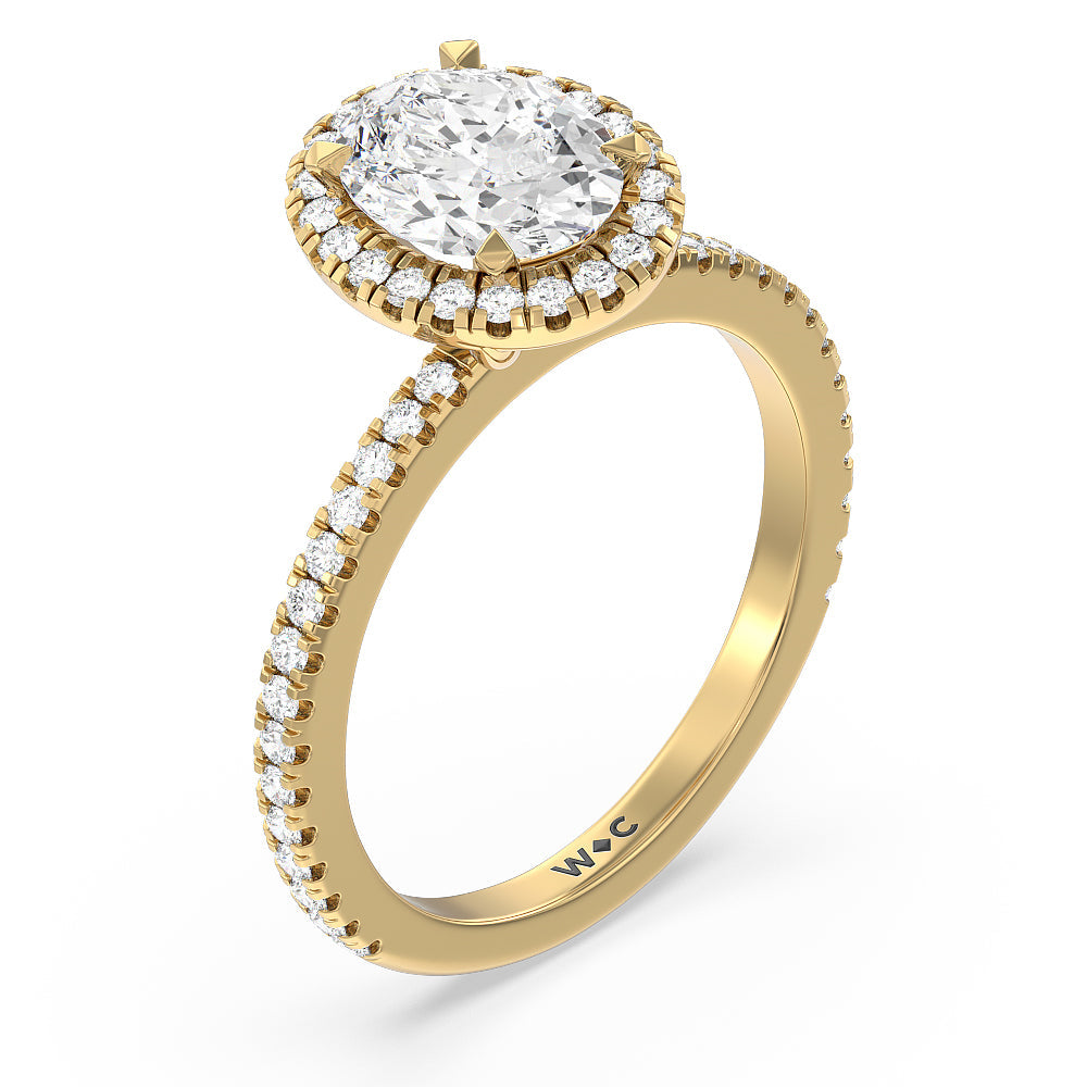 Pave Halo and Shank Engagement Ring with Oval Cut Diamond in 14KT Yellow Gold view 3
