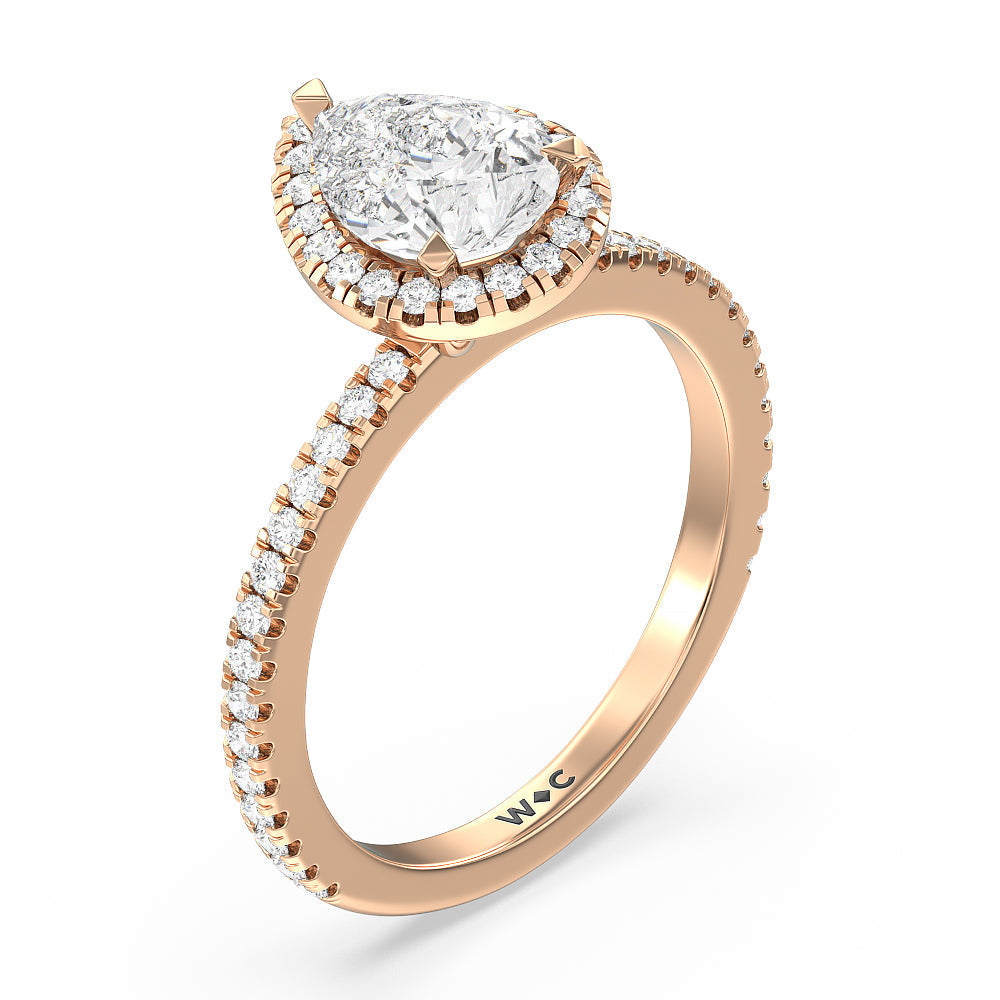 Pave Halo and Shank Engagement Ring with Pear Cut Diamond in 14KT Rose Gold view 3
