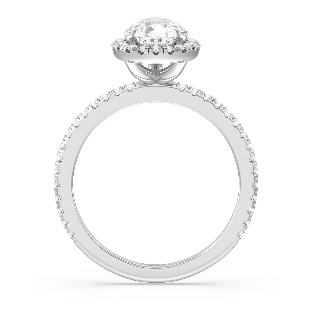Pave Halo and Shank Engagement Ring with Pear Cut Diamond in 14KT Platinum view 2
