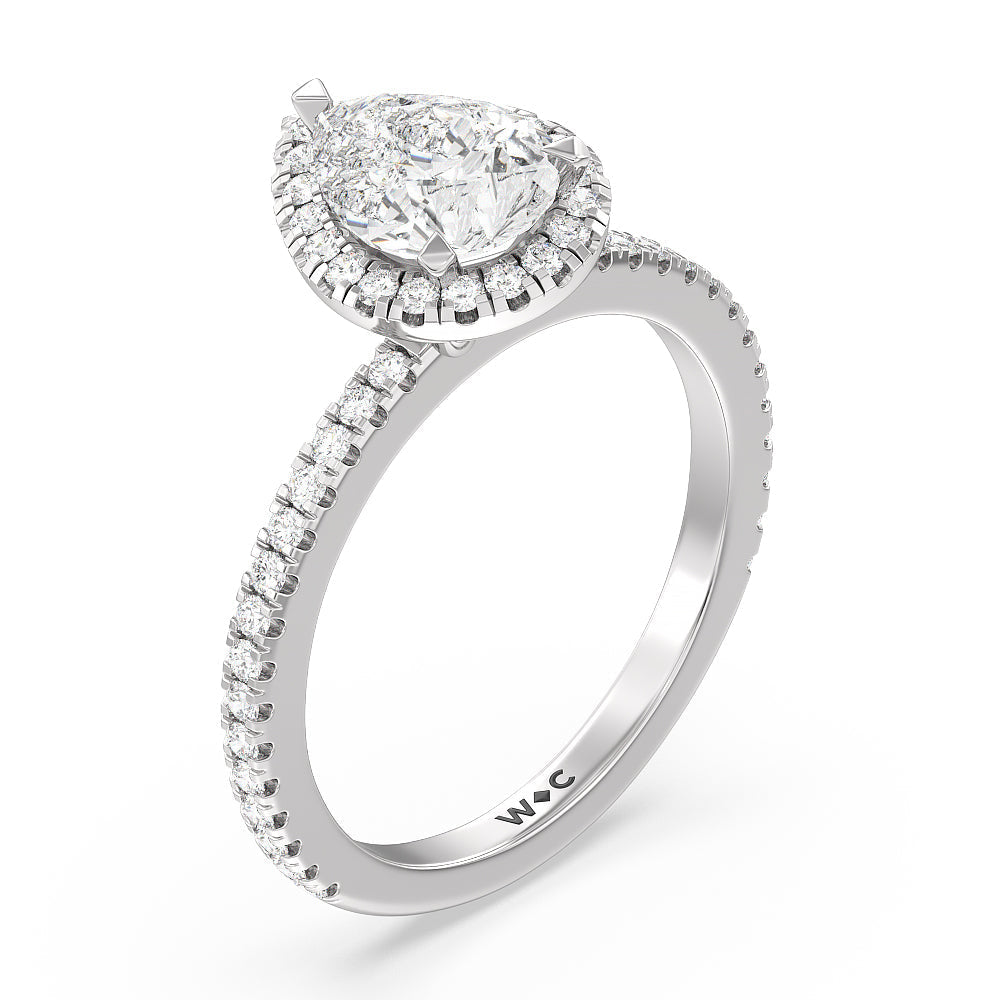 Pave Halo and Shank Engagement Ring with Pear Cut Diamond in 14KT Platinum view 3
