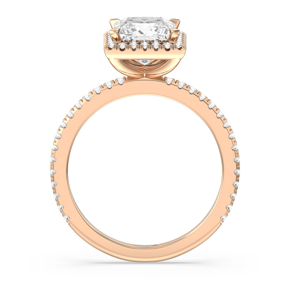 Pave Halo and Shank Engagement Ring with Princess Cut Diamond in 14KT Rose Gold view 2

