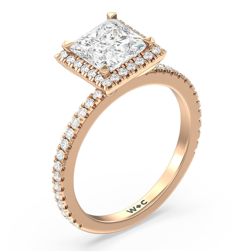 Pave Halo and Shank Engagement Ring with Princess Cut Diamond in 14KT Rose Gold view 3
