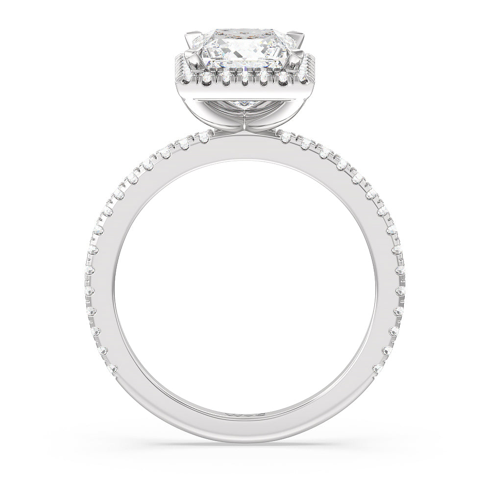 Pave Halo and Shank Engagement Ring with Princess Cut Diamond in 14KT Platinum view 2
