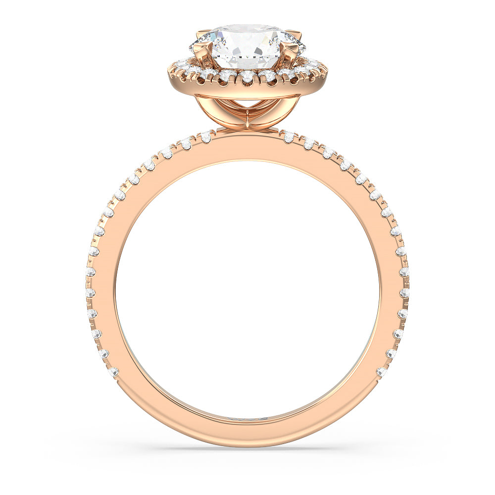 Pave Halo and Shank Engagement Ring with Round Cut Diamond in 14KT Rose Gold view 2
