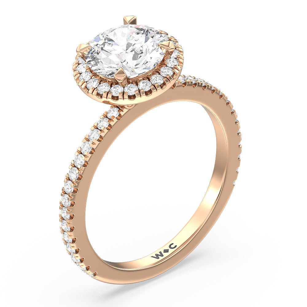 Pave Halo and Shank Engagement Ring with Round Cut Diamond in 14KT Rose Gold view 3
