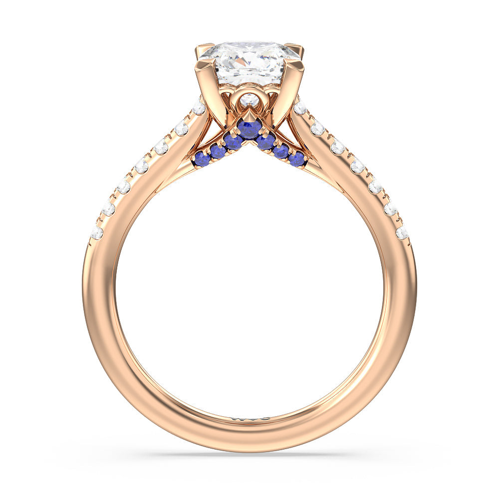 Cushion Cut Something Blue Azure Blue Sapphire Hidden Accent Engagement Ring with Lab Grown Diamond in 14KT Rose Gold view 2
