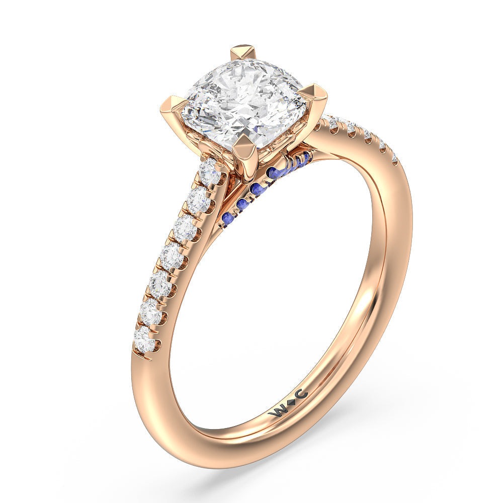 Cushion Cut Something Blue Azure Blue Sapphire Hidden Accent Engagement Ring with Lab Grown Diamond in 14KT Rose Gold view 3
