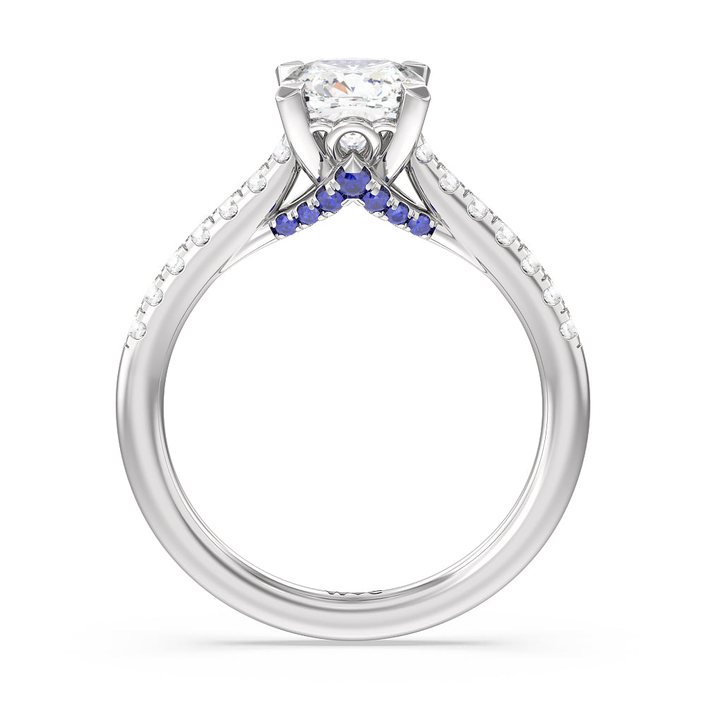 Cushion Cut Something Blue Azure Blue Sapphire Hidden Accent Engagement Ring with Lab Grown Diamond in 14KT Platinum view 2
