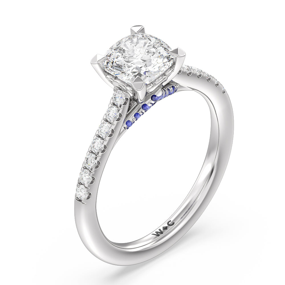 Cushion Cut Something Blue Azure Blue Sapphire Hidden Accent Engagement Ring with Lab Grown Diamond in 14KT Platinum view 3
