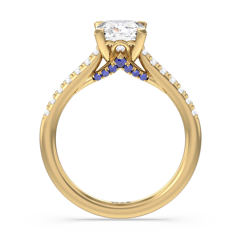 Cushion Cut Something Blue Azure Blue Sapphire Hidden Accent Engagement Ring with Lab Grown Diamond in 14KT Yellow Gold view 2
