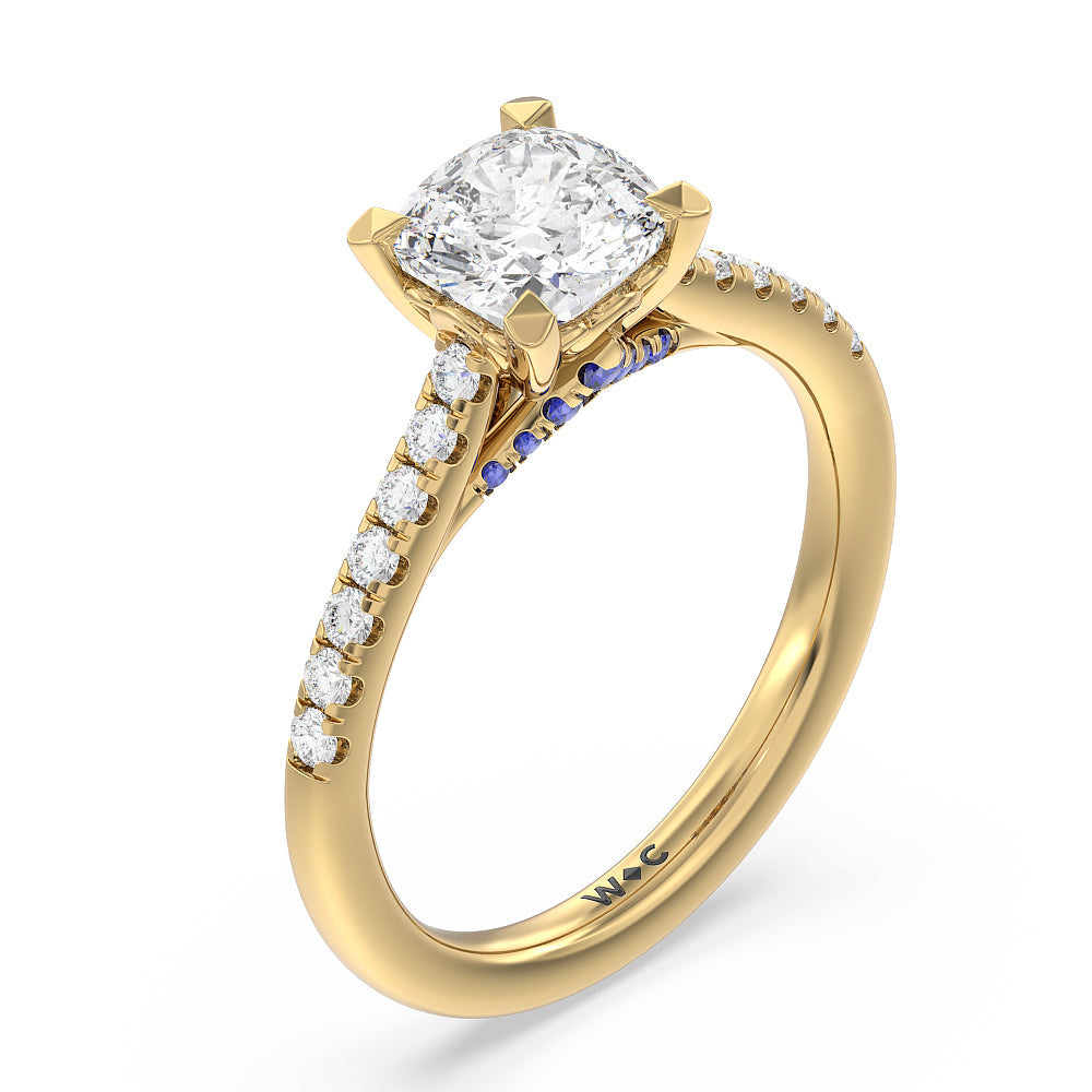 Cushion Cut Something Blue Azure Blue Sapphire Hidden Accent Engagement Ring with Lab Grown Diamond in 14KT Yellow Gold view 3
