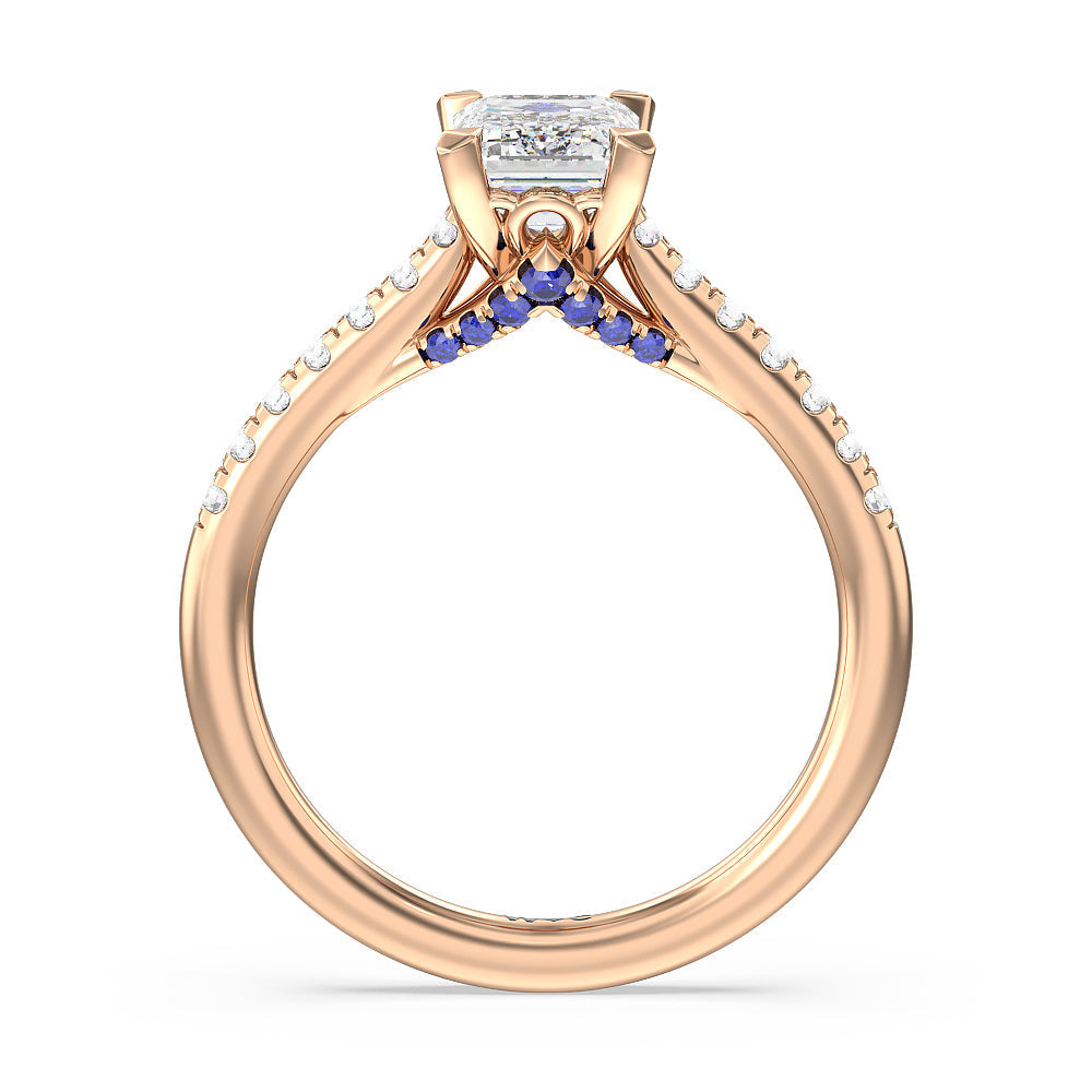 Emerald Cut Something Blue Azure Blue Sapphire Hidden Accent Engagement Ring with Lab Grown Diamond in 14KT Rose Gold view 2
