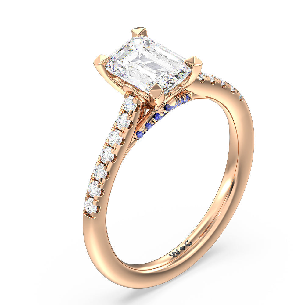 Emerald Cut Something Blue Azure Blue Sapphire Hidden Accent Engagement Ring with Lab Grown Diamond in 14KT Rose Gold view 3
