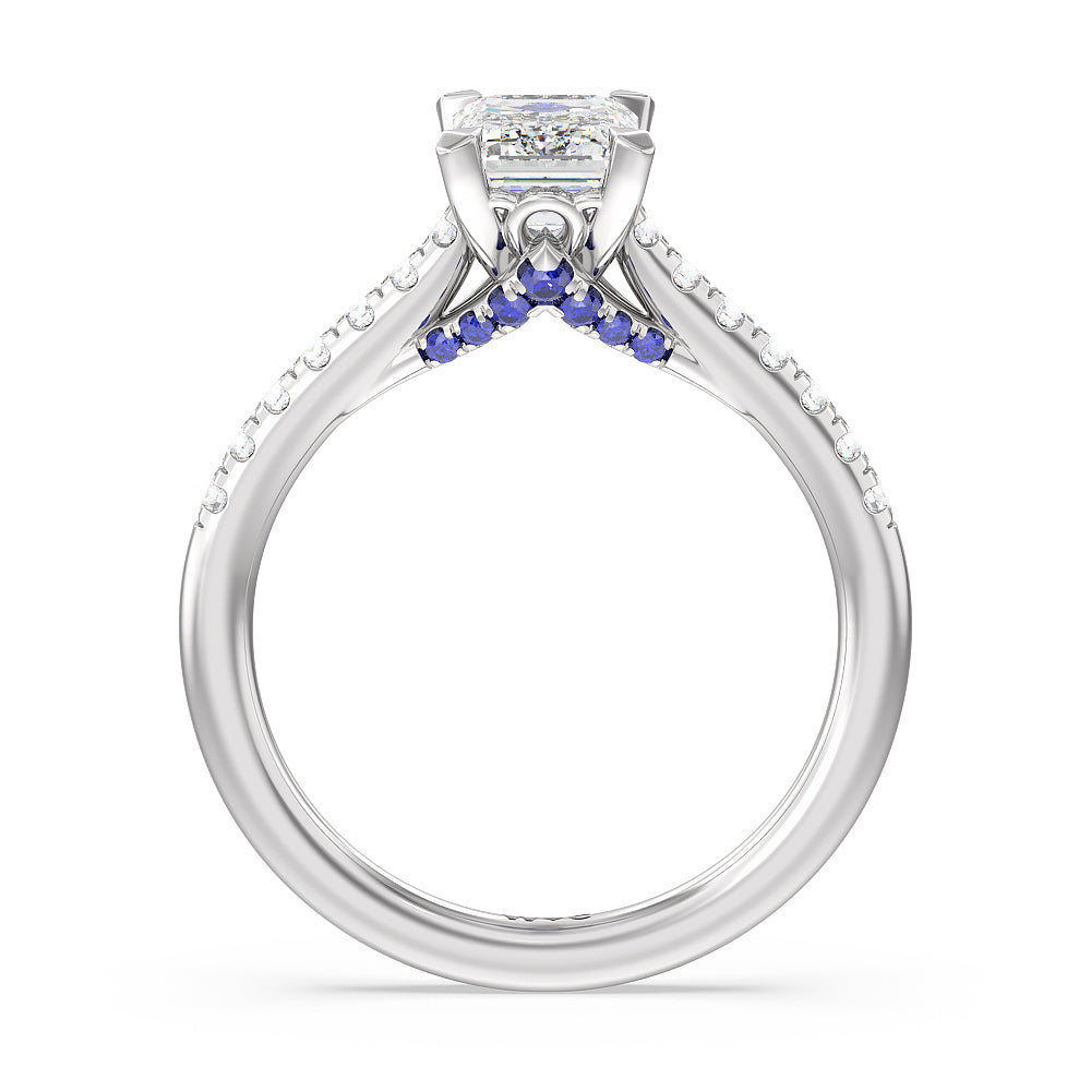 Emerald Cut Something Blue Azure Blue Sapphire Hidden Accent Engagement Ring with Lab Grown Diamond in 14KT Platinum view 2
