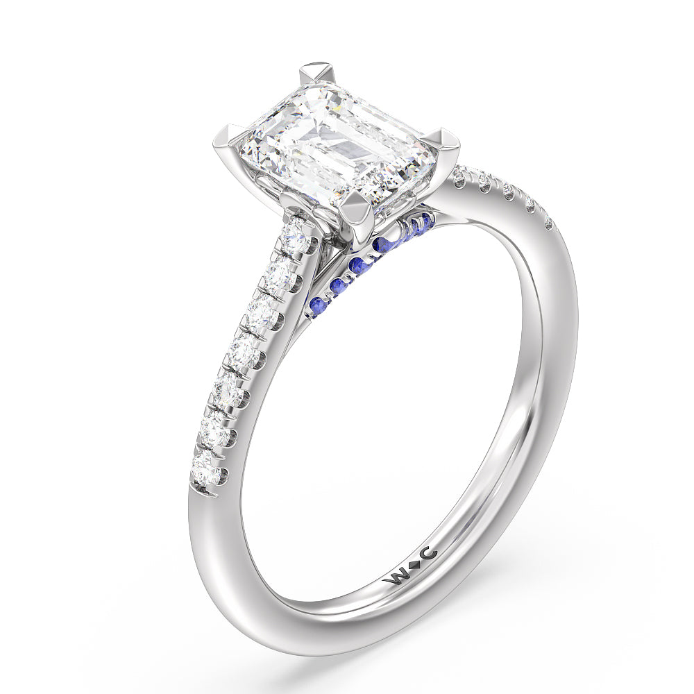 Emerald Cut Something Blue Azure Blue Sapphire Hidden Accent Engagement Ring with Lab Grown Diamond in 14KT Platinum view 3
