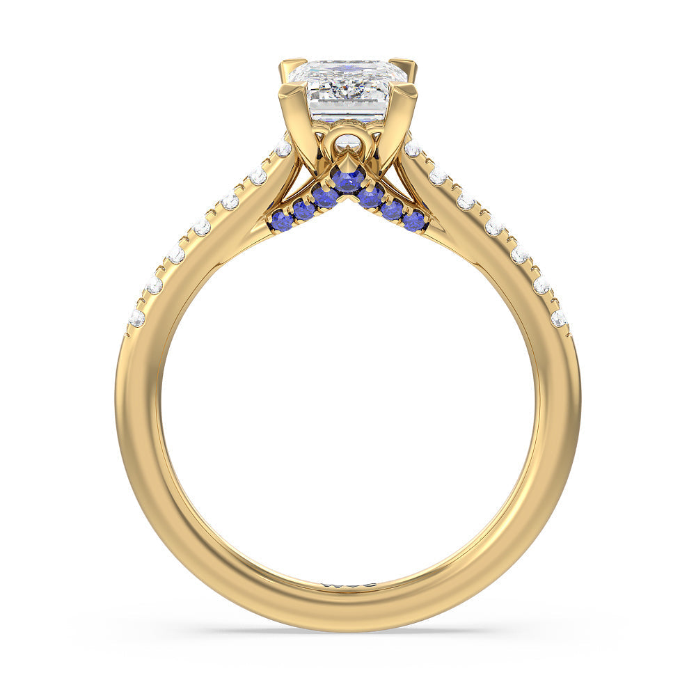 Emerald Cut Something Blue Azure Blue Sapphire Hidden Accent Engagement Ring with Lab Grown Diamond in 14KT Yellow Gold view 2
