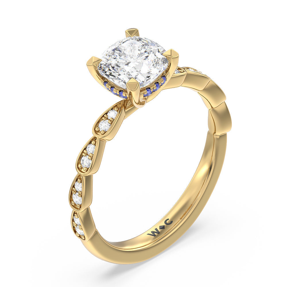 Forget-Me-Not Hidden Halo Engagement Ring with Cushion Cut Diamond in 14KT Yellow Gold view 3
