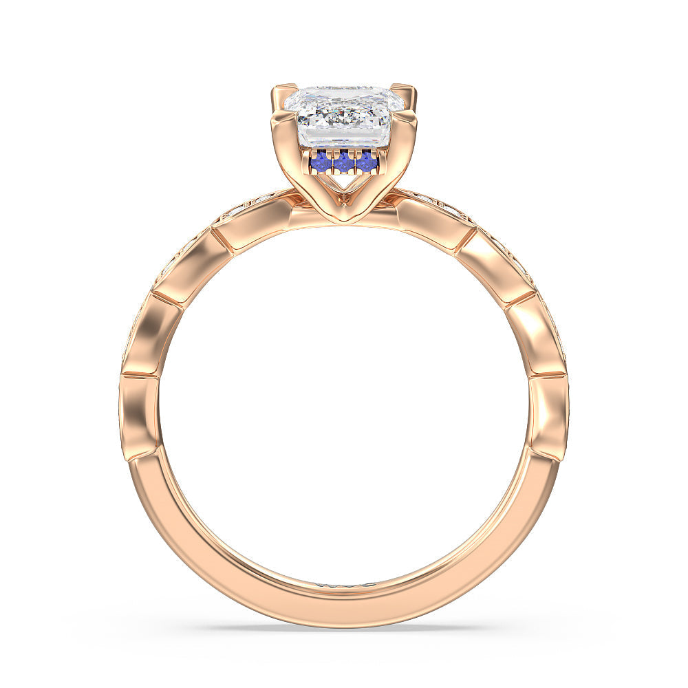 Something Blue Forget-Me-Not Hidden Halo Engagement Ring with Emerald Cut Diamond in 14KT Rose Gold view 2

