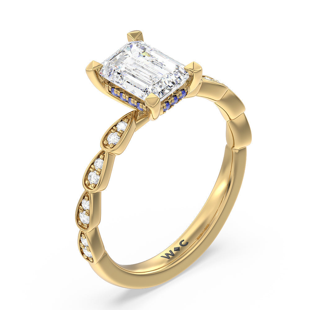 Something Blue Forget-Me-Not Hidden Halo Engagement Ring with Emerald Cut Diamond in 14KT Yellow Gold view 3
