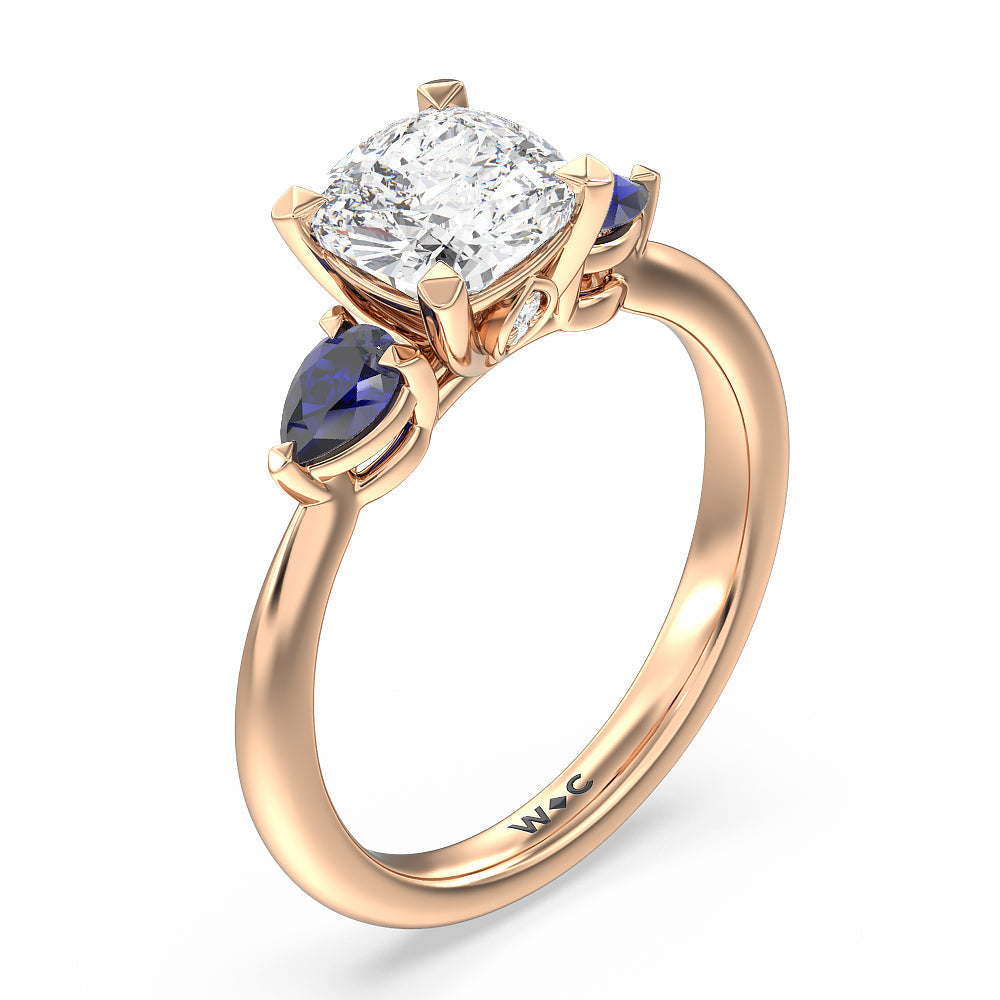 Iris Three Stone Engagement Ring with Cushion Cut Diamond in 14KT Rose Gold view 5
