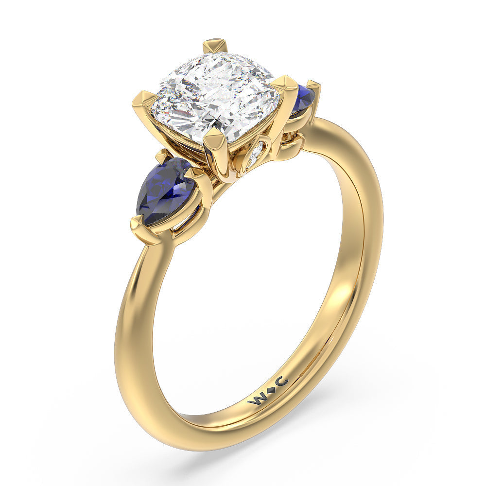 Iris Three Stone Engagement Ring with Cushion Cut Diamond in 14KT Yellow Gold view 5
