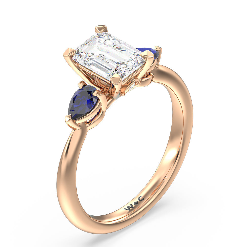 Iris Three Stone Engagement Ring with Emerald Cut Diamond in 14KT Rose Gold view 5
