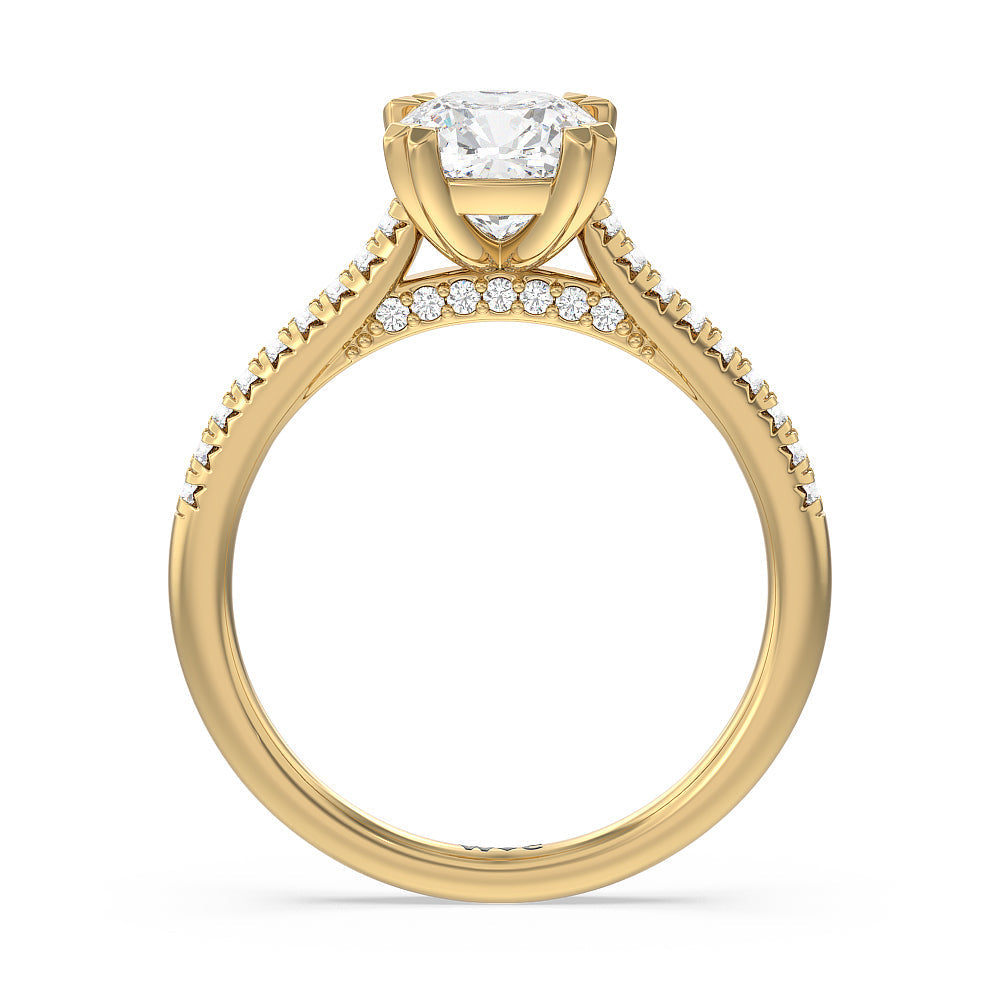 Cushion Cut Double Claw Hidden Accent Engagement Ring with Lab Grown Diamond in 14KT Yellow Gold view 2
