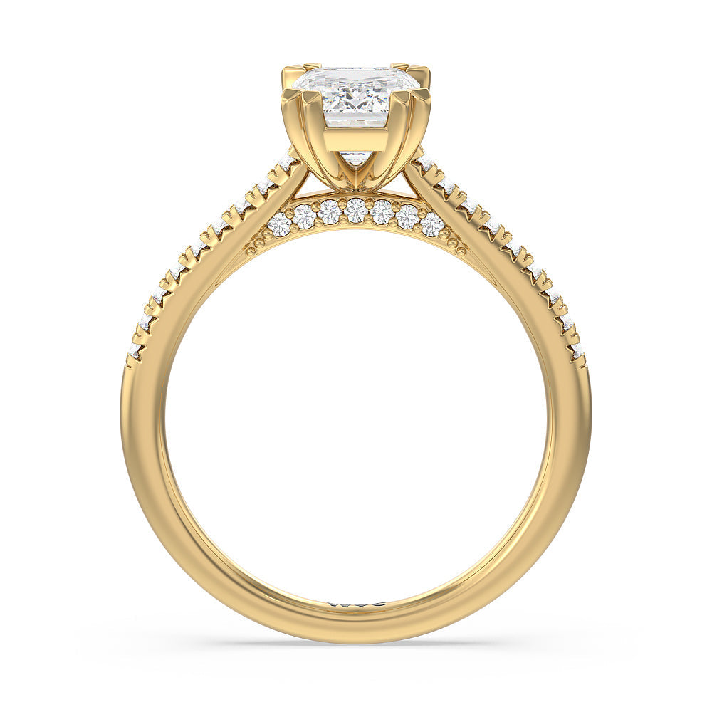 Emerald Cut Double Claw Hidden Accent Engagement Ring with Lab Grown Diamond in 14KT Yellow Gold view 2
