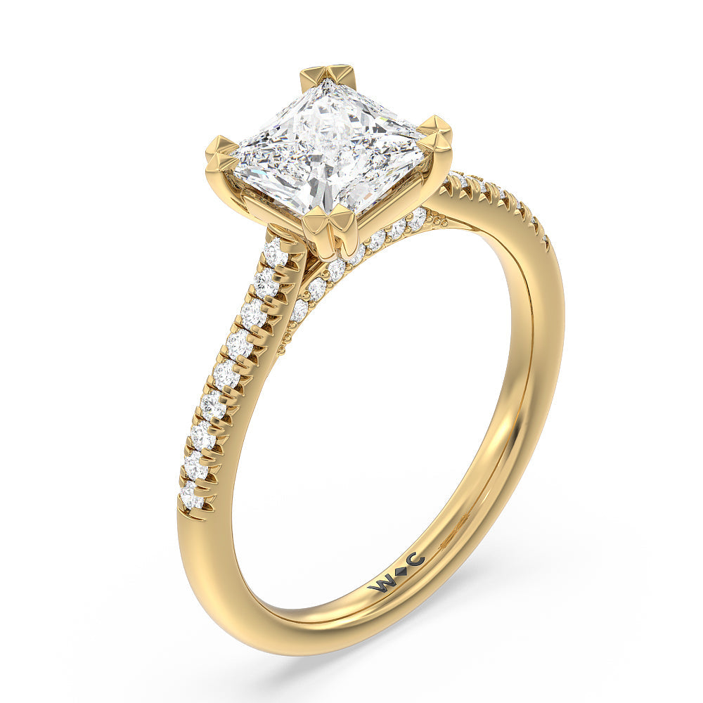 Princess Cut Double Claw Hidden Accent Engagement Ring with Lab Grown Diamond in 14KT Yellow Gold view 3
