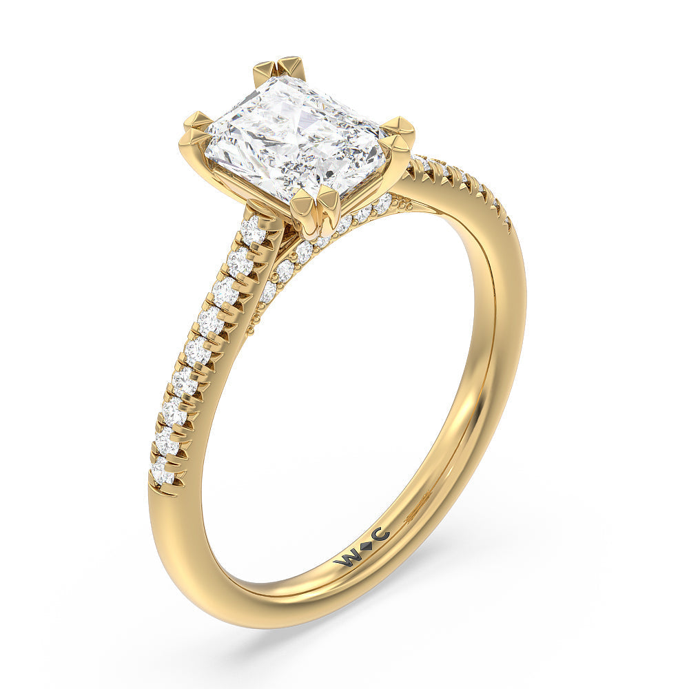 Radiant Cut Double Claw Hidden Accent Engagement Ring with Lab Grown Diamond in 14KT Yellow Gold view 3
