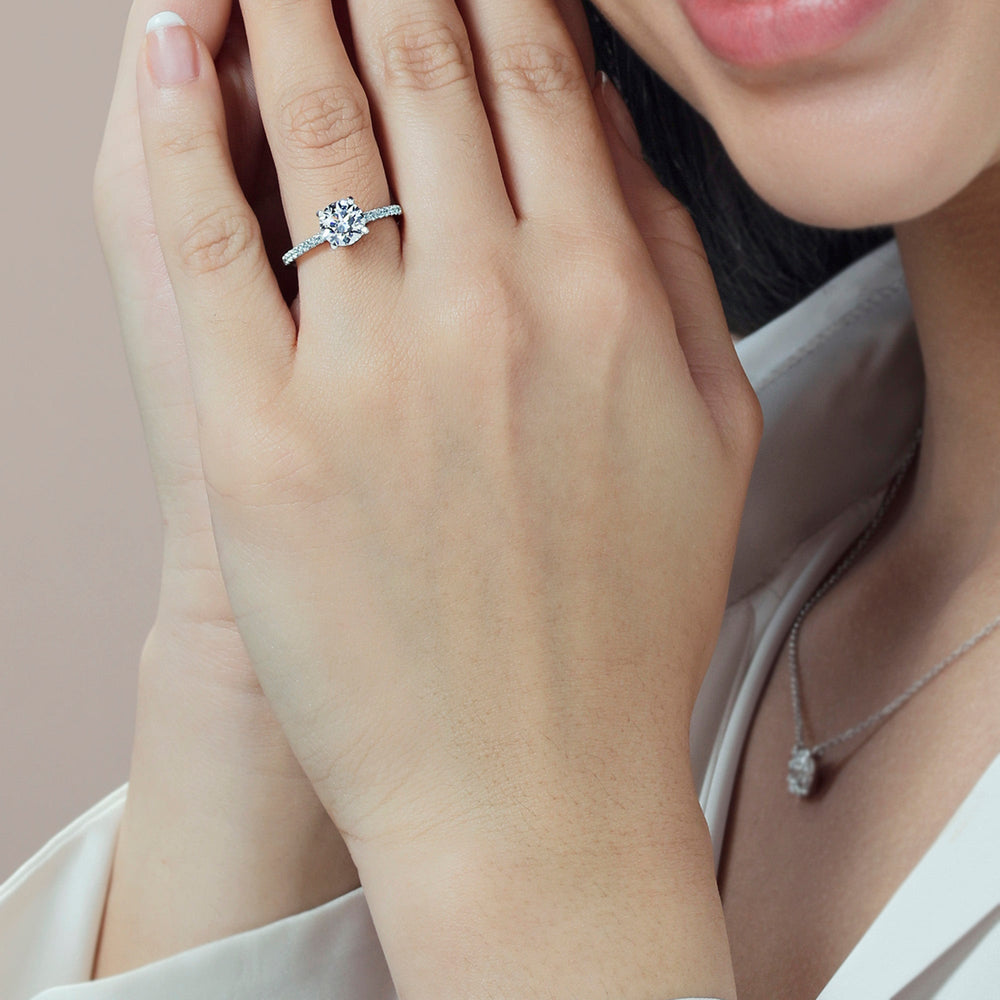 Model Wearing Veronica Spire Under Halo Engagement Ring view