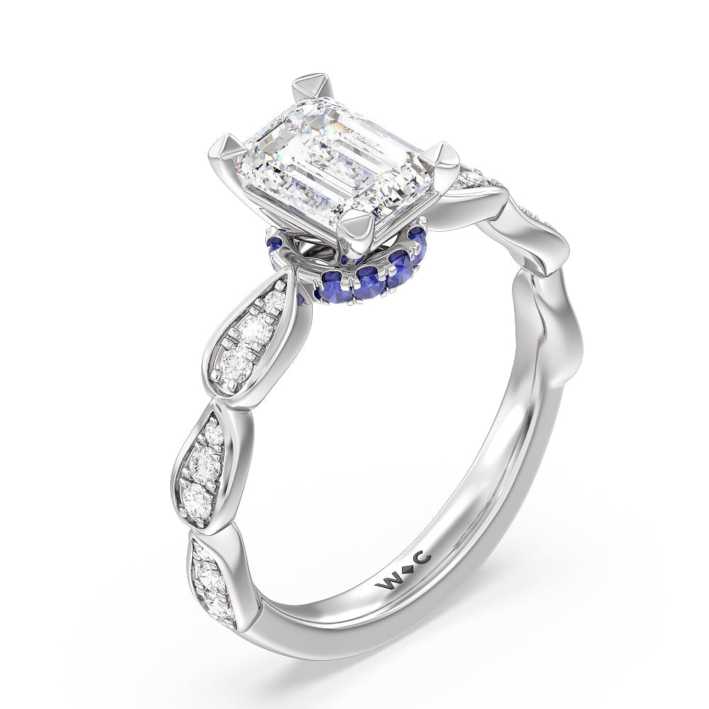 Emerald Cut Something Blue Gerbera Under Halo Engagement Ring with Lab Grown Diamond in 14KT Platinum view 3
