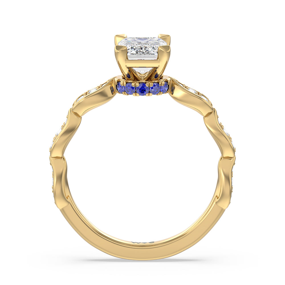 Emerald Cut Something Blue Gerbera Under Halo Engagement Ring with Lab Grown Diamond in 14KT Yellow Gold view 2
