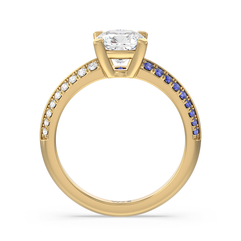 Cushion Cut Something Blue Muscari Bloom Knife Edge Engagement Ring with Lab Grown Diamond in 14KT Yellow Gold view 2
