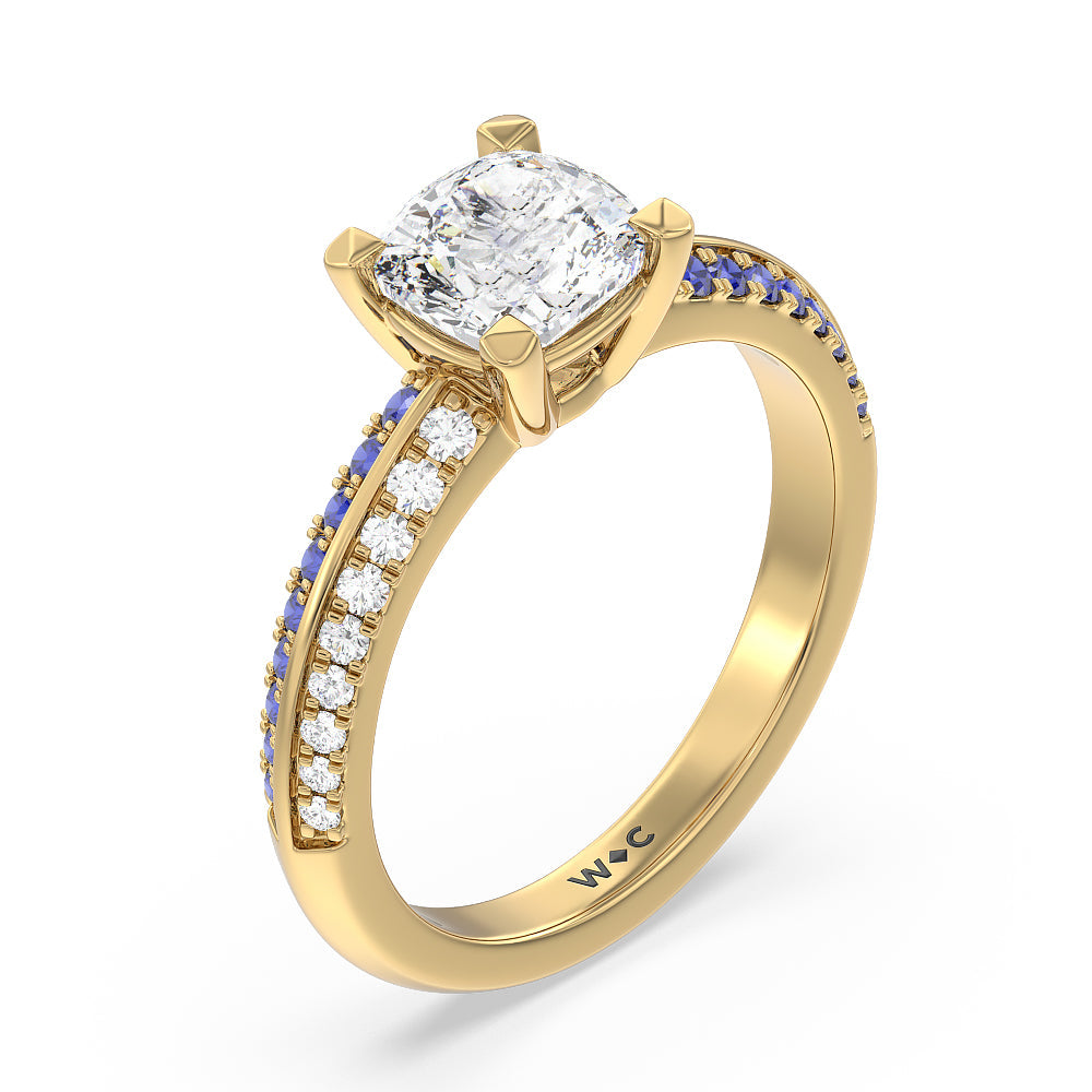 Cushion Cut Something Blue Muscari Bloom Knife Edge Engagement Ring with Lab Grown Diamond in 14KT Yellow Gold view 3
