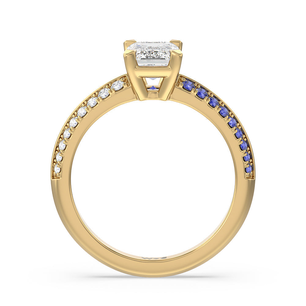 Emerald Cut Something Blue Muscari Bloom Knife Edge Engagement Ring with Lab Grown Diamond in 14KT Yellow Gold view 2
