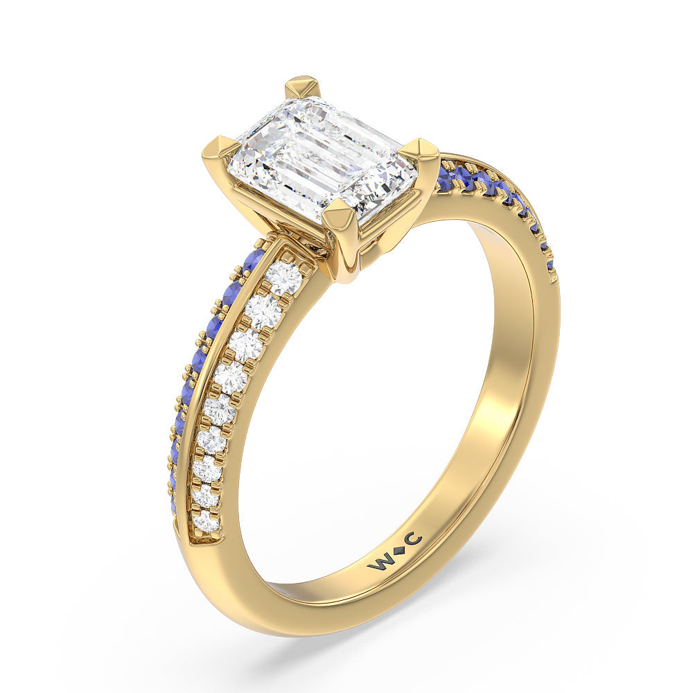 Emerald Cut Something Blue Muscari Bloom Knife Edge Engagement Ring with Lab Grown Diamond in 14KT Yellow Gold view 3
